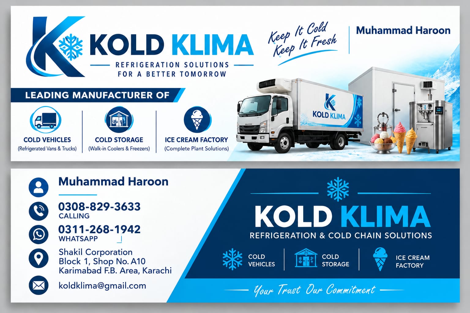 Kold Klima brochure showing refrigerated vehicles, cold storage, ice cream factory solutions and contact details